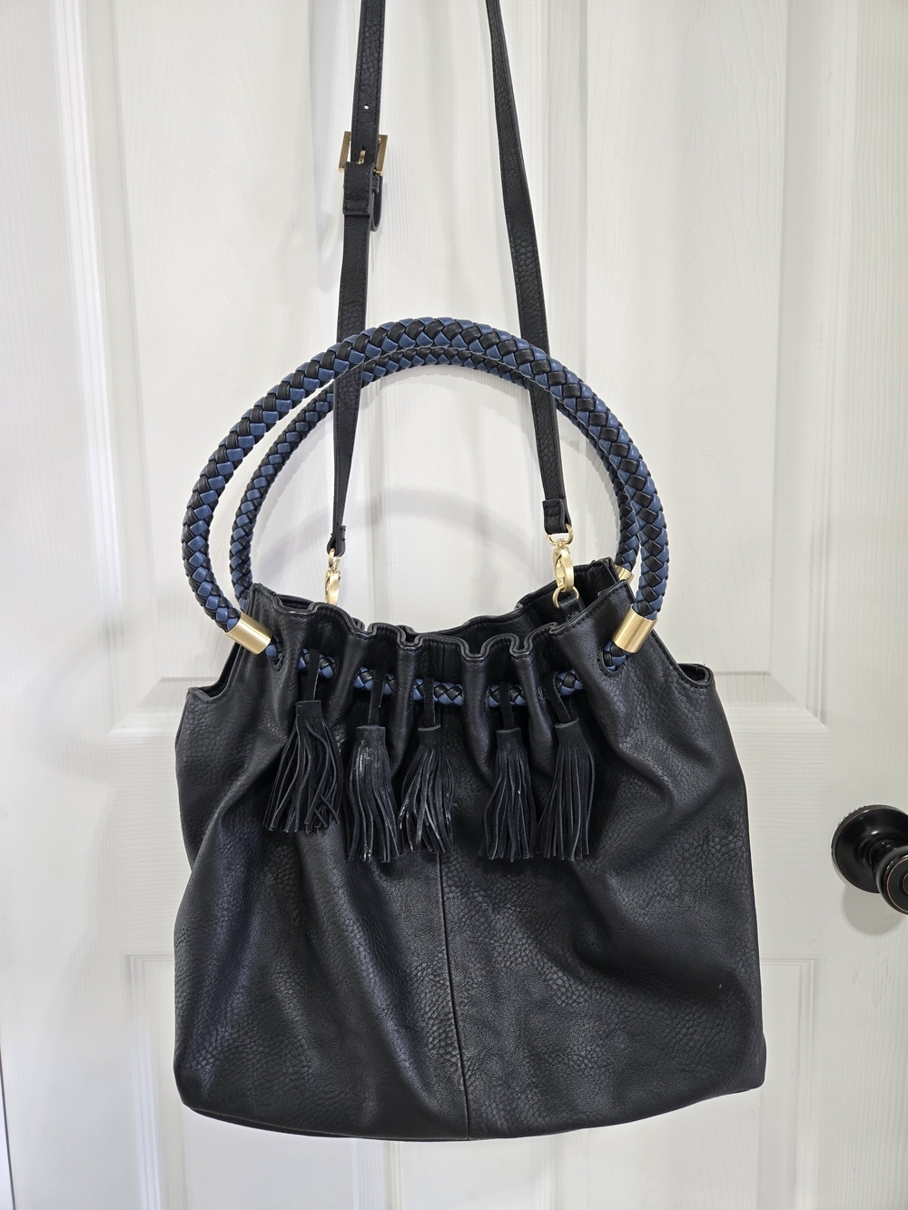 Steven Black Leather Tassel Hobo Bag with Braided Handle